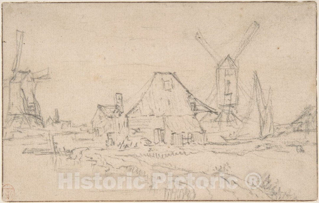 Art Print : School of Rembrandt (Rembrandt Van Rijn) - Landscape with Two Mills : Vintage Wall Art
