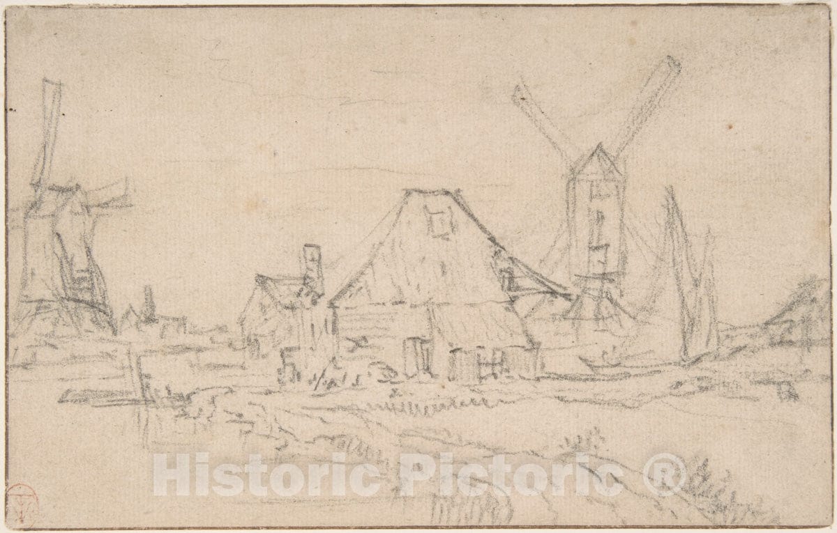 Art Print : School of Rembrandt (Rembrandt Van Rijn) - Landscape with Two Mills : Vintage Wall Art