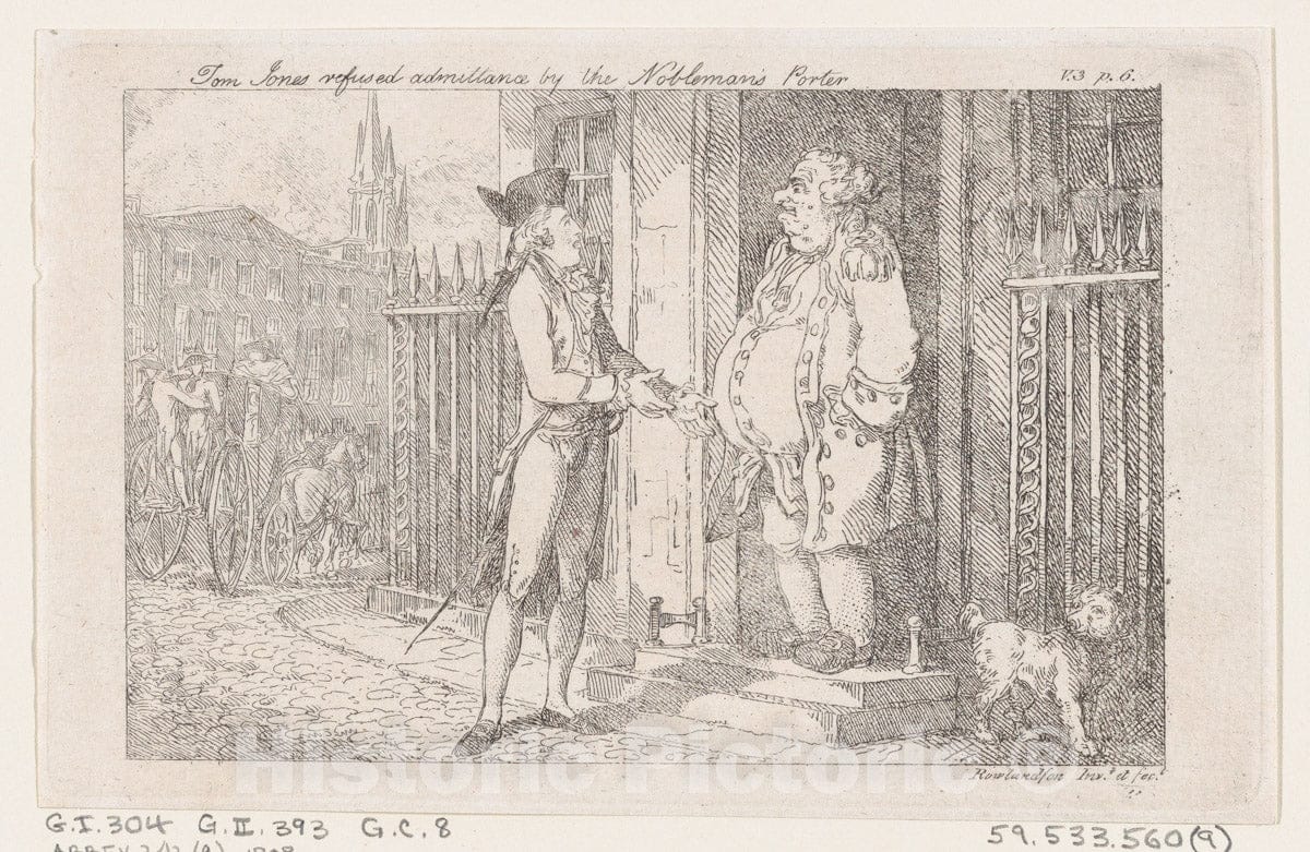 Art Print : Thomas Rowlandson - Tom Jones Refused Admittance by The Nobleman's Porter, from The History of Tom Jones, a Foundling by Henry Fielding : Vintage Wall Art
