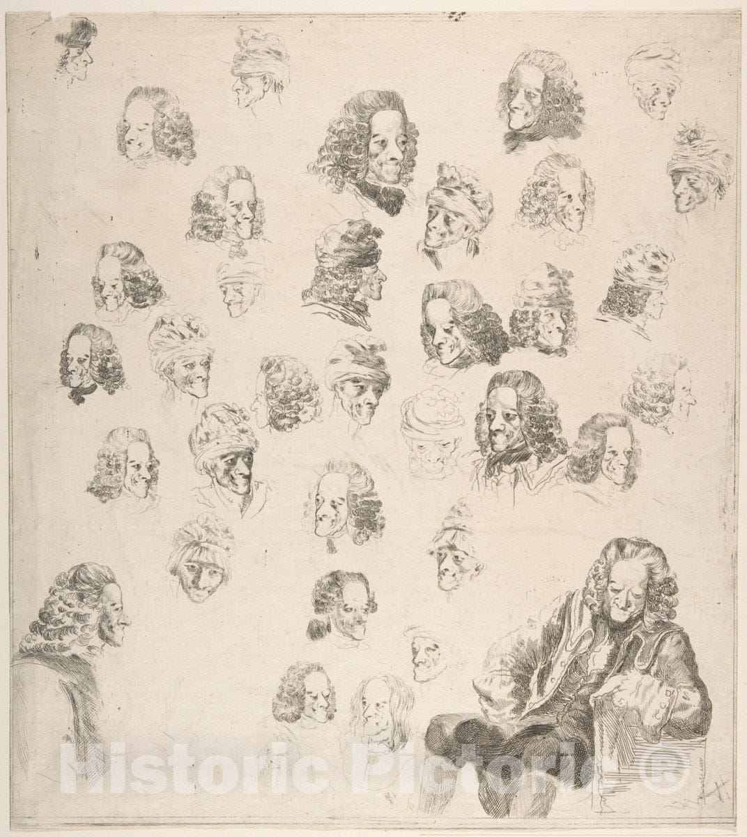 Art Print : Baron Dominique Vivant Denon - Sketches of Voltaire at Age Eighty-One : Vintage Wall Art