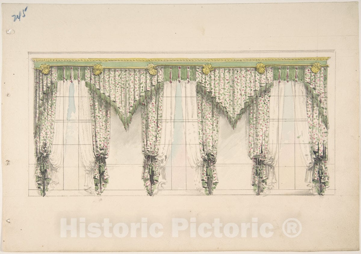 Art Print : British, 19th Century - Design for Curtains with Pink, Green and White Floral Fabric and Pink and Green Fringes : Vintage Wall Art