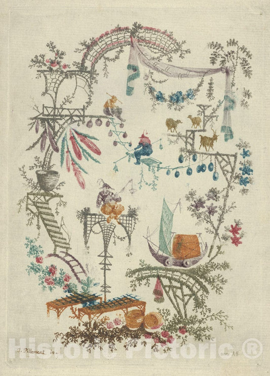 Art Print : Designed by Jean Pillement - Chinoiserie from Nouvelle Suite de Cahiers Arabesques Chinois 2 : Vintage Wall Art