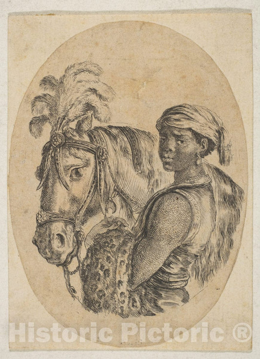 Art Print : Black Slave Carries a Leopard pelt and Holds The Bridle of a Horse - Artist: Stefano Della Bella - Created: 1649–50 : Vintage Wall Art