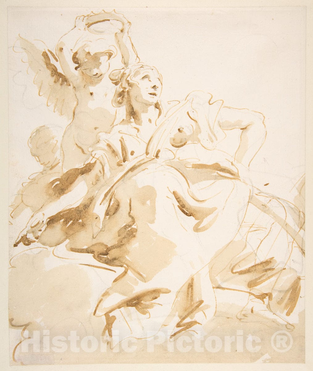 Art Print : Giovanni Battista Tiepolo - Winged Putto Crowning a Seated Woman Who Looks Upward : Vintage Wall Art