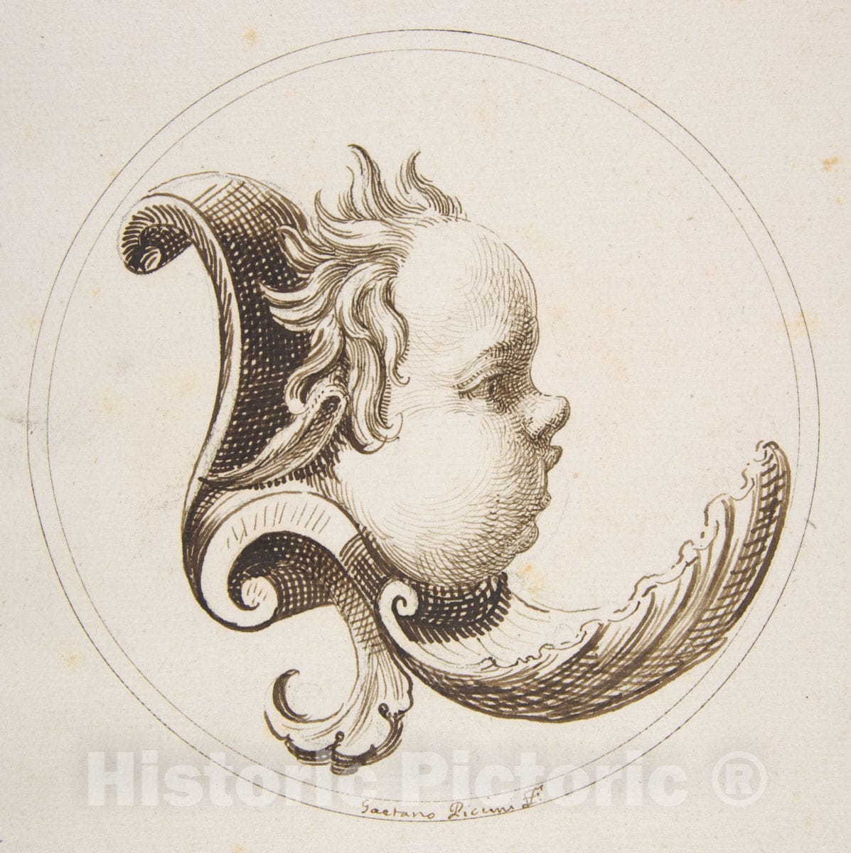 Art Print : Gaetano Piccini - Putto's Head Looking to The Right with a Shell Beneath The Chin Within a Circle : Vintage Wall Art