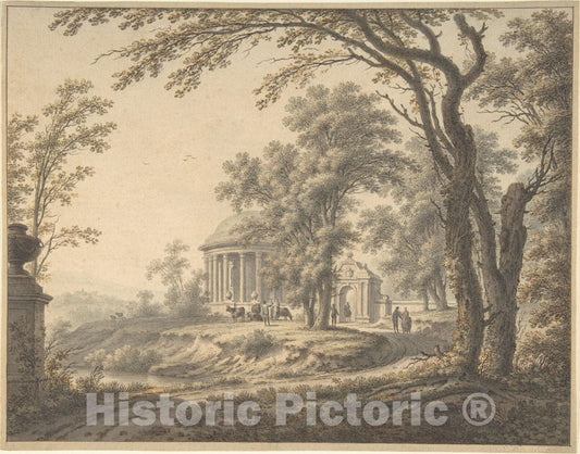 Art Print : Johann Heinrich Müntz - Idyllic Landscape with Temple : Vintage Wall Art