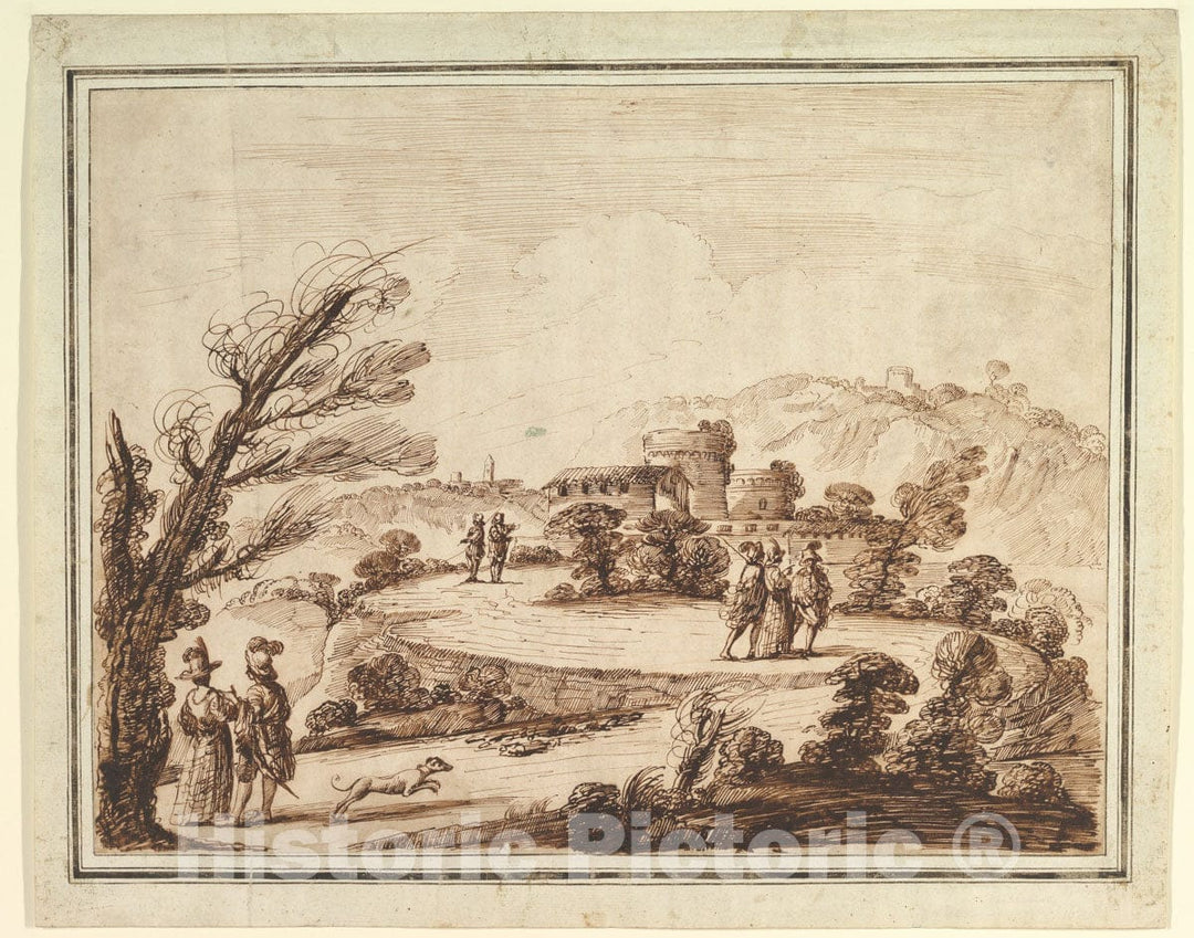 Art Print : 18th Century Imitator of Guercino (Giovanni Francesco Barbieri) - Landscape with Figures and Fortifications. : Vintage Wall Art