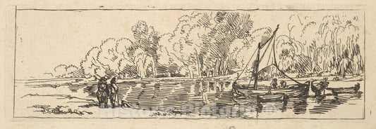 Art Print : Thomas Rowlandson - A Sailboat and Dingy on a River or Pond Watched by Two Figures on The Bank : Vintage Wall Art