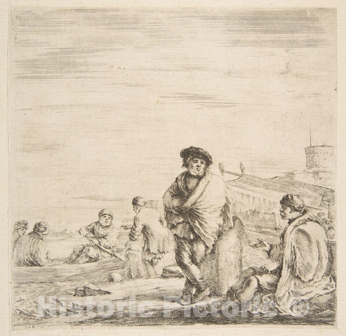 Art Print : Stefano Della Bella - A Standing Sailor Talking to a Seated Levantine 2 : Vintage Wall Art
