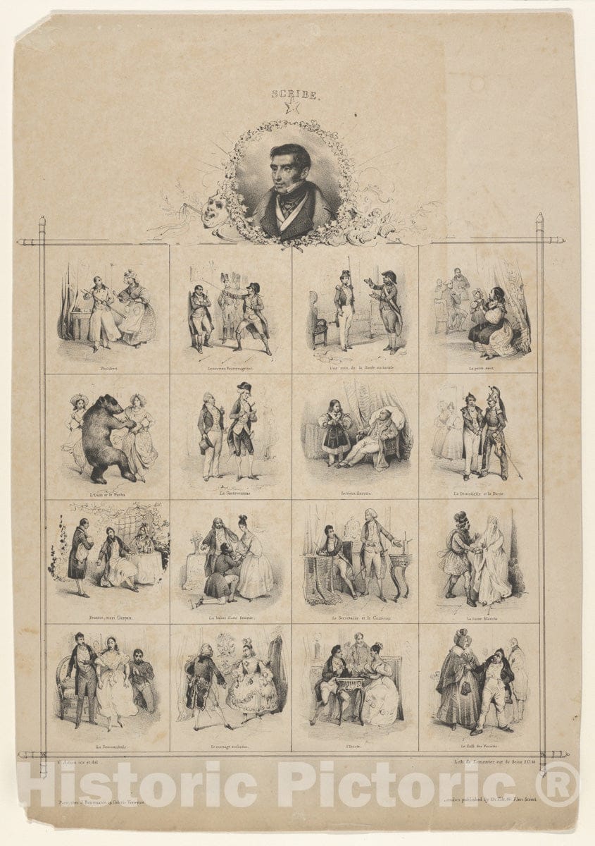 Art Print : Victor Adam - Augustin-Eugène Scribe with Characters : Vintage Wall Art