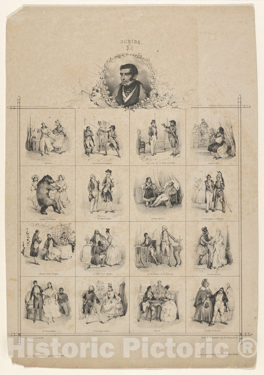 Art Print : Victor Adam - Augustin-Eugène Scribe with Characters : Vintage Wall Art