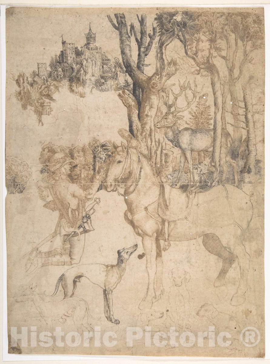 Art Print : German, 16th Century - The Vision of Saint Eustace : Vintage Wall Art
