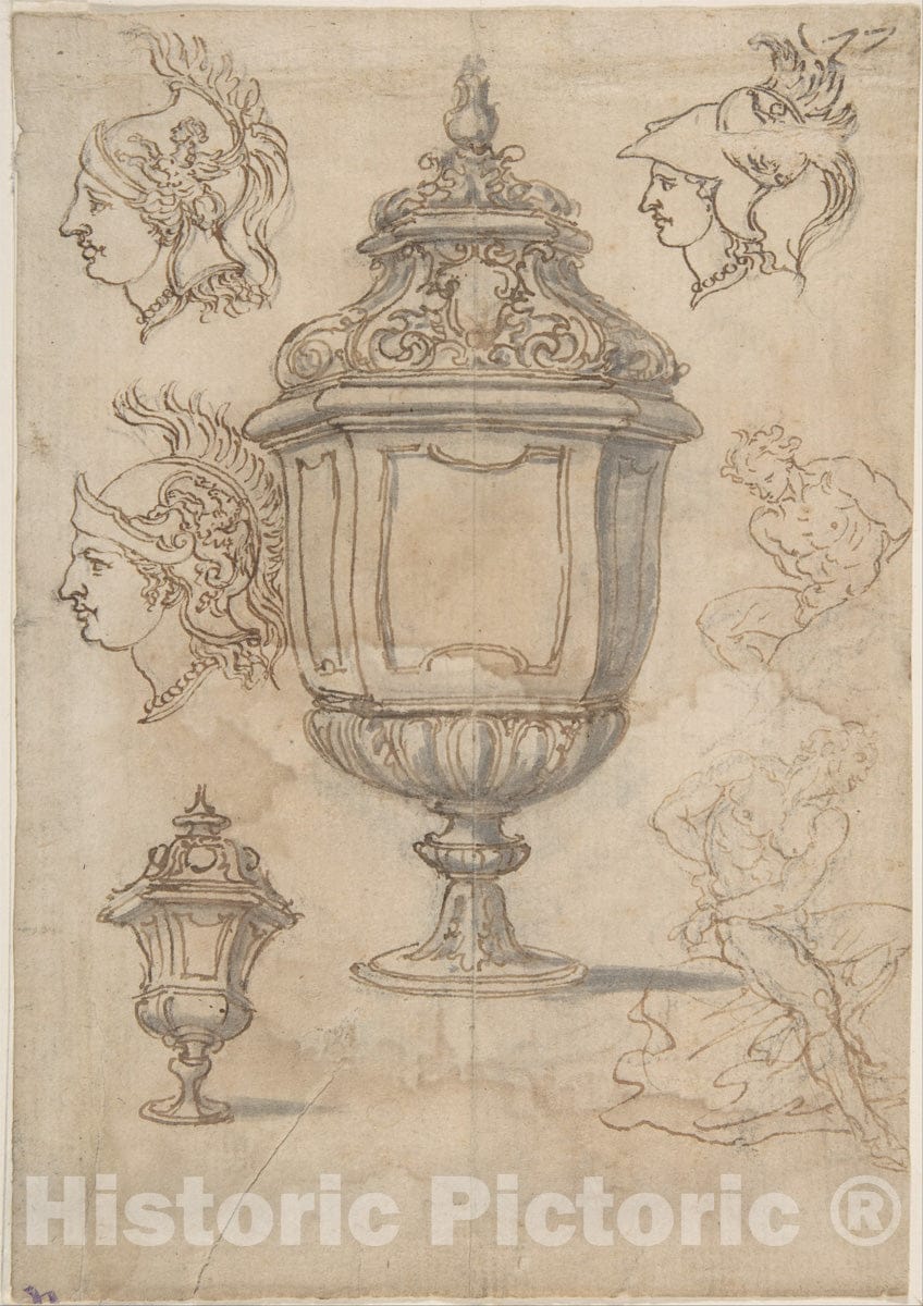 Art Print : Sheet with Sketches and Designs for Two vases - Artist: Giovanni Battista Foggini - Created: 1652–1725 : Vintage Wall Art