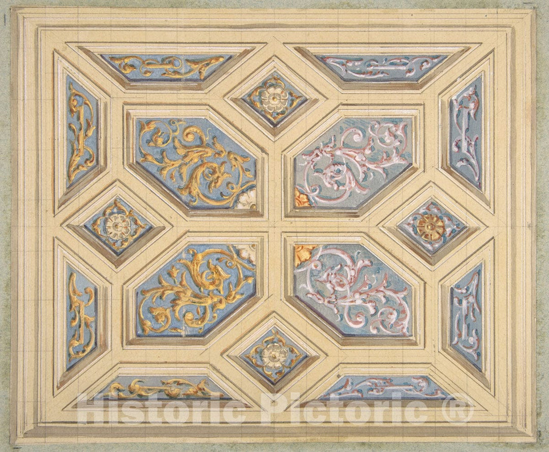 Art Print : Jules-Edmond-Charles Lachaise - Design for a coffered Ceiling Decorated with rinceaux : Vintage Wall Art