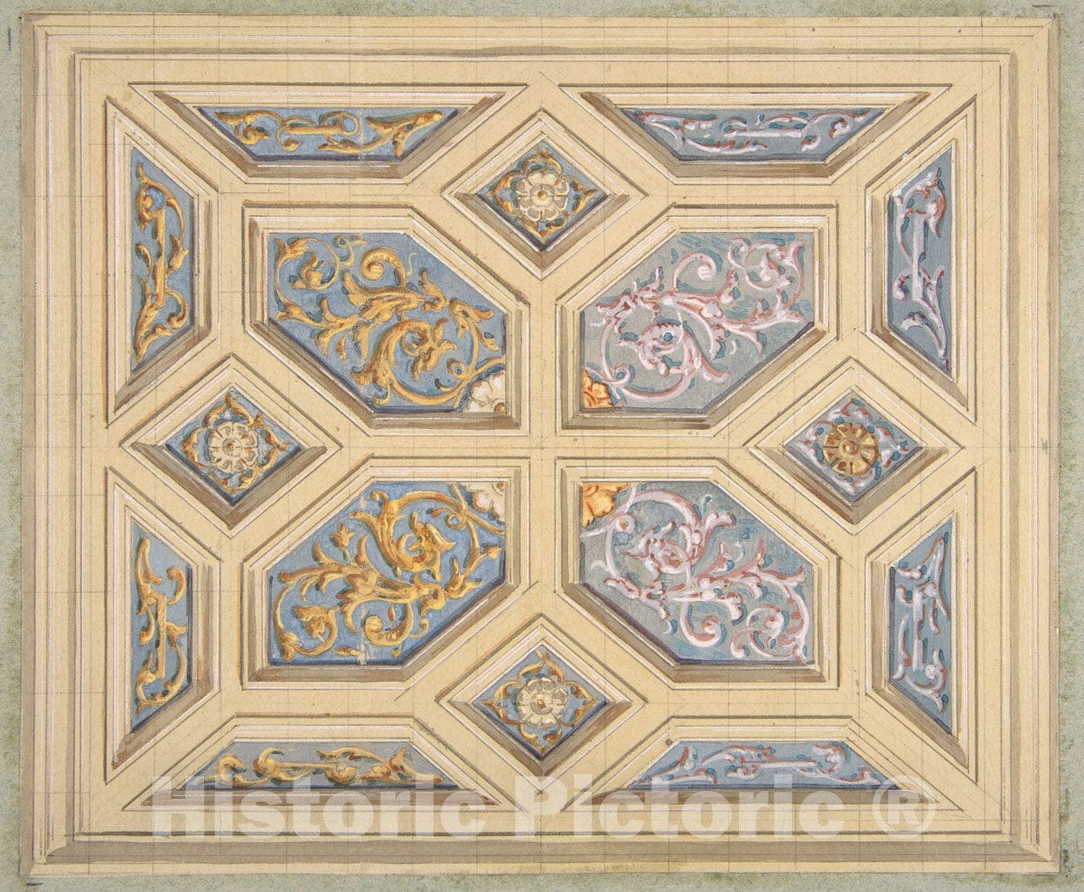 Art Print : Jules-Edmond-Charles Lachaise - Design for a coffered Ceiling Decorated with rinceaux : Vintage Wall Art