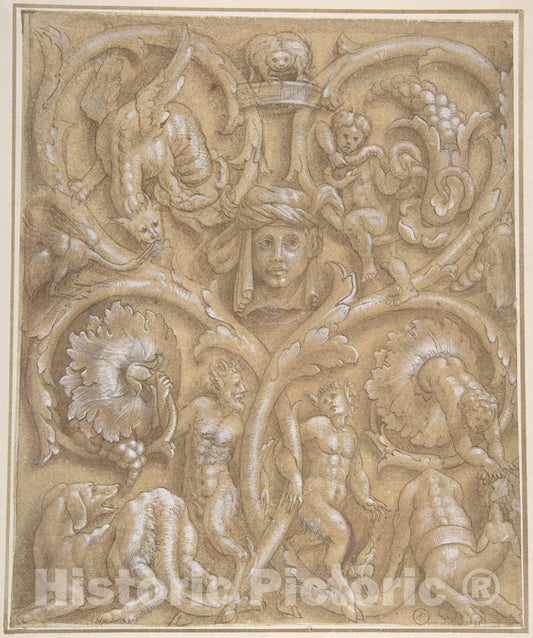Art Print : Giulio Campi - Design for an Ornamental Panel with Rinceaux, Satyrs, Putti, Monsters and a Human Head. : Vintage Wall Art