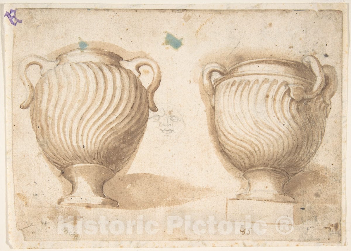 Art Print : Italian, 18th Century - Two Antique Vases with Strigil Decorations : Vintage Wall Art