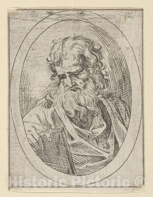 Art Print : 17th Century - an Apostle with a Long Beard Looking Down at an Open Book, in an Oval Frame, from Christ, The Virgin, and Thirteen Apostles 2 : Vintage Wall Art