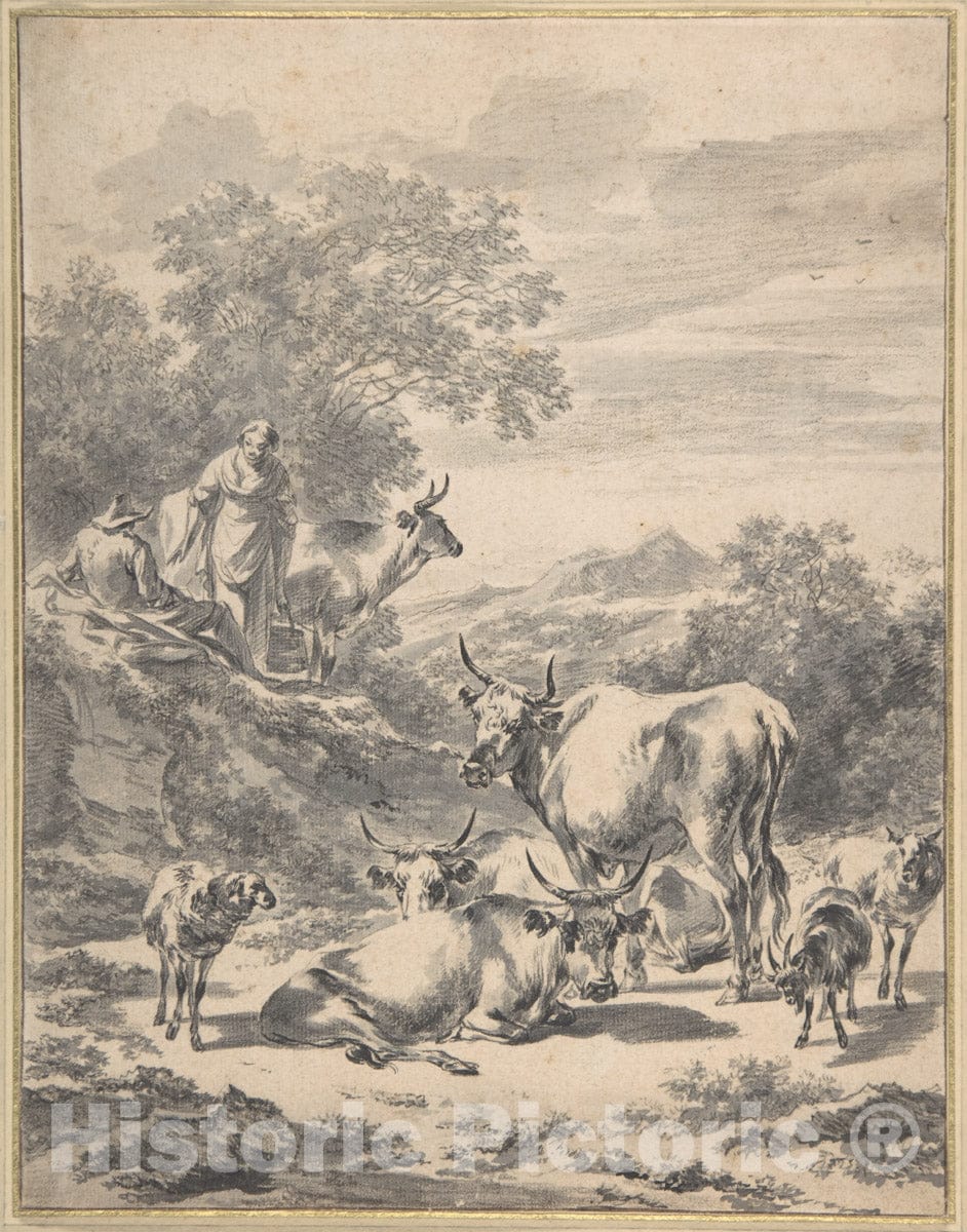 Art Print : Nicolaes Berchem - Herdsmen with Cattle and Sheep in Italianate Landscape : Vintage Wall Art