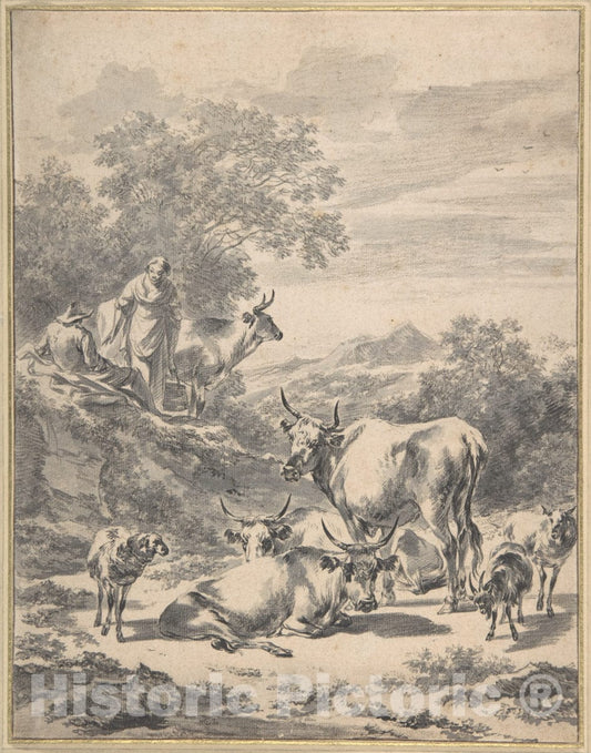 Art Print : Nicolaes Berchem - Herdsmen with Cattle and Sheep in Italianate Landscape : Vintage Wall Art