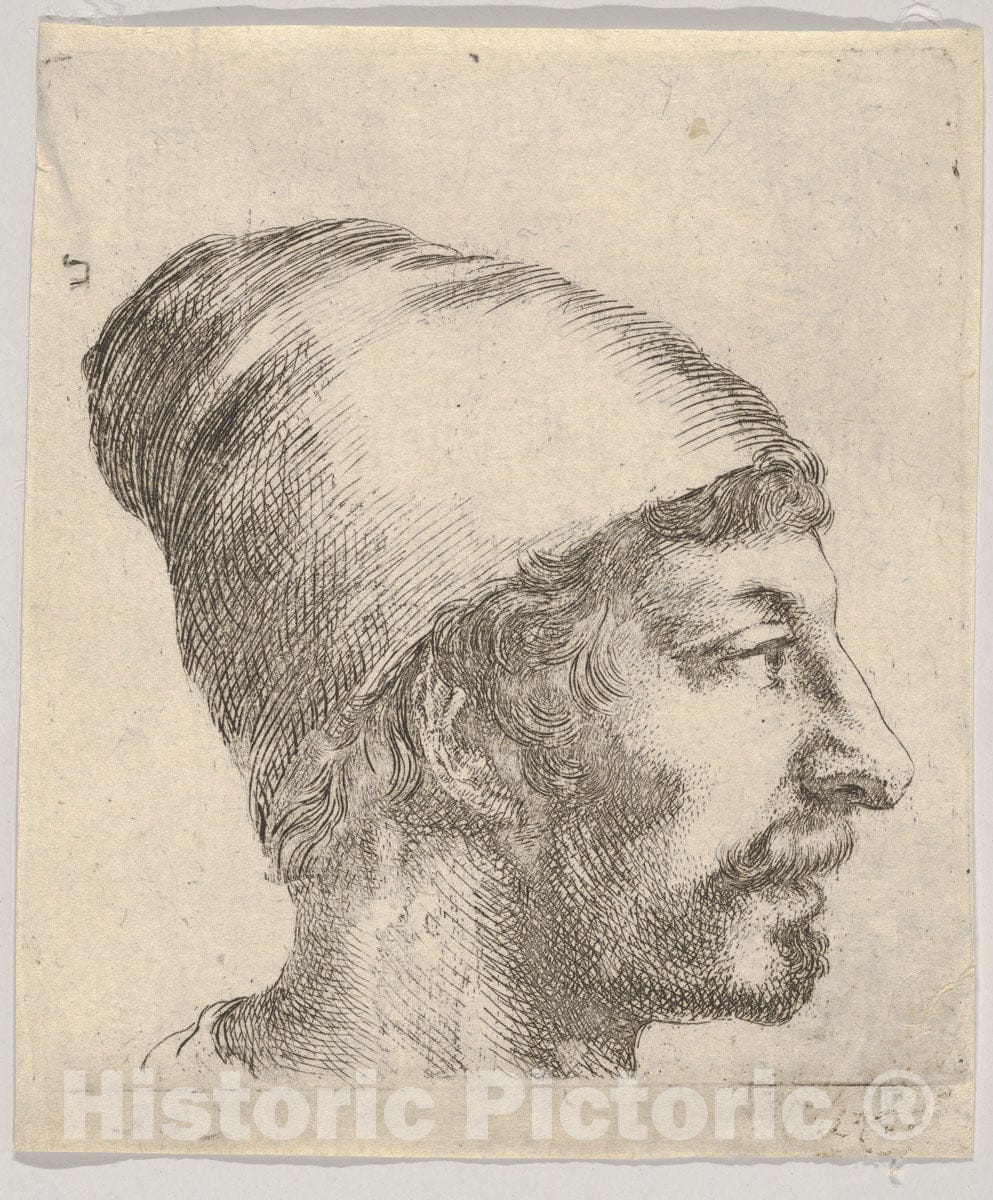 Art Print : Plate 38: Head of a Man with a Moustache and Cap - Artist: Stefano Della Bella - Created: c1647 : Vintage Wall Art
