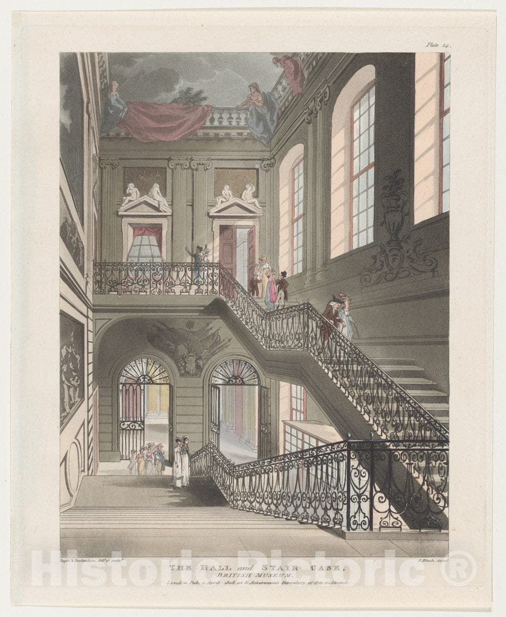 Art Print : Designed and Etched by Thomas Rowlandson - The Hall and Stair Case, British Museum (Microcosm of London, Plate 14) : Vintage Wall Art