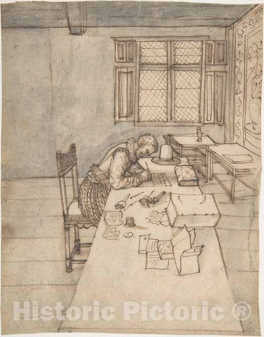 Art Print : French, 16th Century - Interior with a Man Writing on a Long Table : Vintage Wall Art