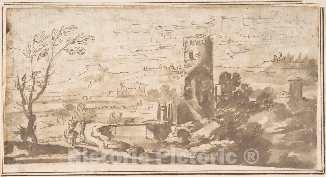 Art Print : Italian, Roman-Bolognese, 17th Century - Landscape with Round Tower and Figures Crossing a Bridge : Vintage Wall Art
