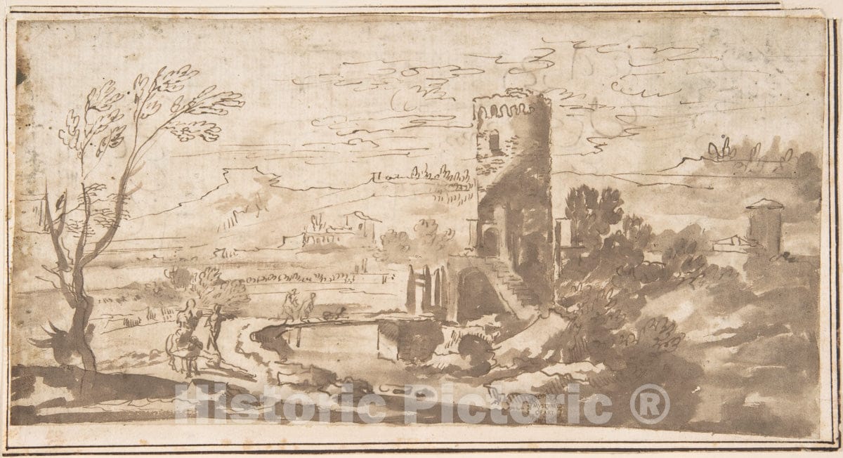 Art Print : Italian, Roman-Bolognese, 17th Century - Landscape with Round Tower and Figures Crossing a Bridge : Vintage Wall Art