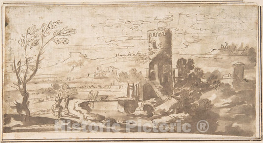 Art Print : Italian, Roman-Bolognese, 17th Century - Landscape with Round Tower and Figures Crossing a Bridge : Vintage Wall Art