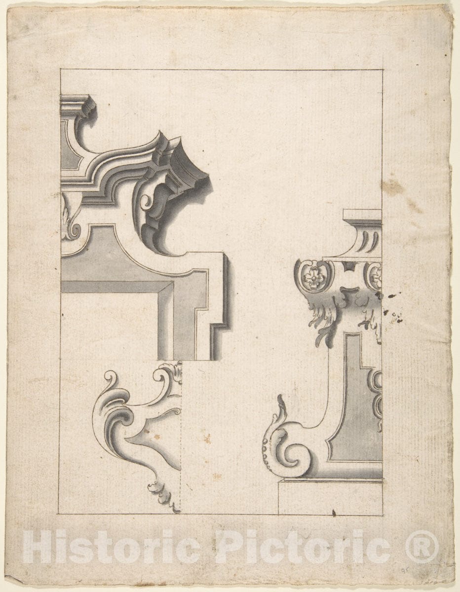 Art Print : Italian, Piedmontese, 18th Century - Designs for One Half of an Overdoor, and One Half of a Pedestal (?) : Vintage Wall Art