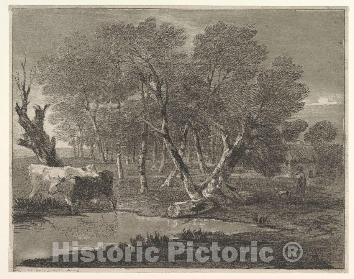 Art Print : Thomas Gainsborough - Wooded Landscape with Cows Beside a Pool, Figures and Cottage : Vintage Wall Art
