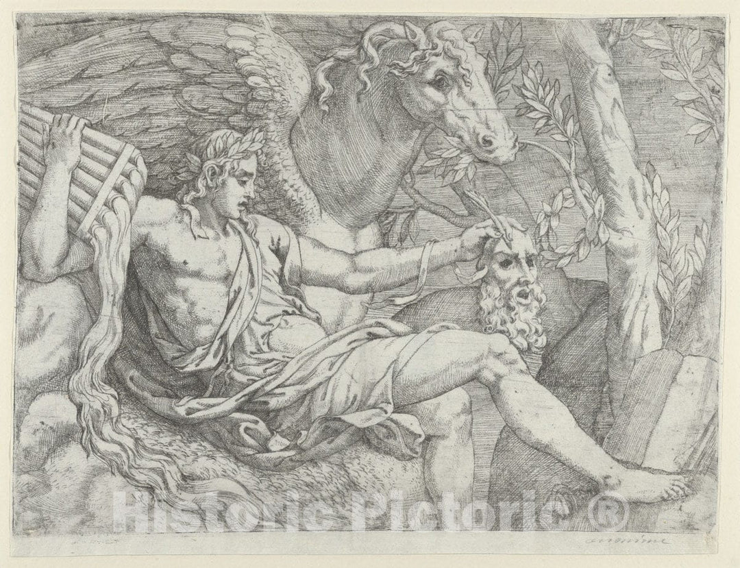 Art Print : Angiolo Falconetto - Apollo Holding Pipes in his Right Hand accompanied by Pegasus : Vintage Wall Art