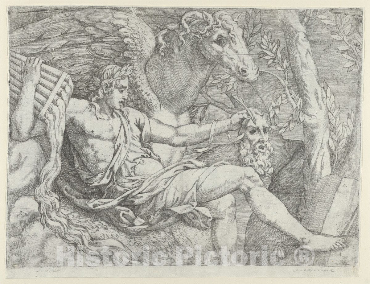 Art Print : Angiolo Falconetto - Apollo Holding Pipes in his Right Hand accompanied by Pegasus : Vintage Wall Art