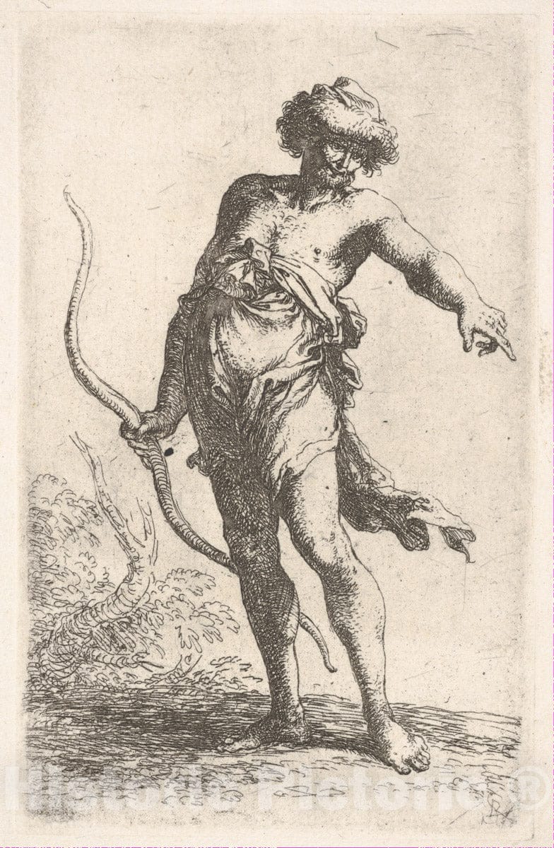 Art Print : Salvator Rosa - A Partially Dressed Man Holding a Bow in his Left Hand and Pointing with his Right, from The Series 'Figurine' : Vintage Wall Art