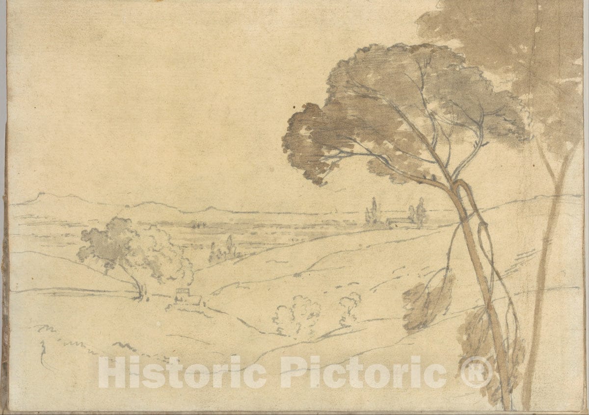 Art Print : Joseph Wright (Wright of Derby) - Landscape with Distant Buildings (Smaller Italian Sketchbook, Leaf 27 Recto) : Vintage Wall Art