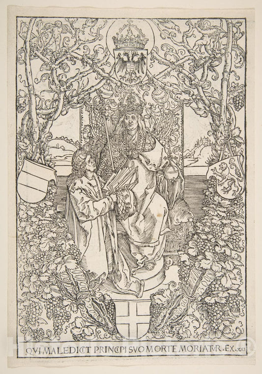 Art Print : Albrecht Dürer - Conrad Celtis Presenting His Book Quatuor Libri Amorum to Maximilian I (from The Book) : Vintage Wall Art
