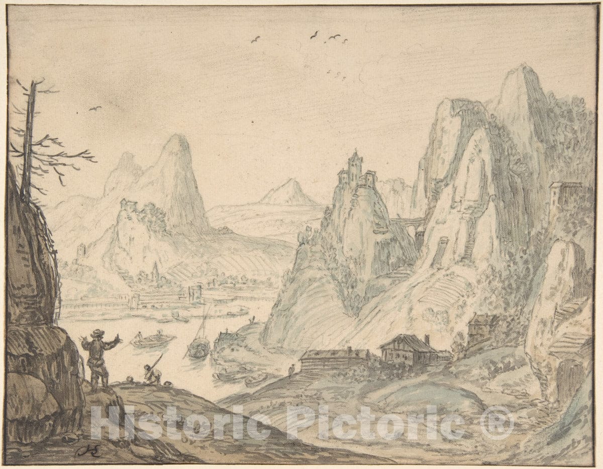 Art Print : Herman Saftleven II - River Landscape with Mountains : Vintage Wall Art