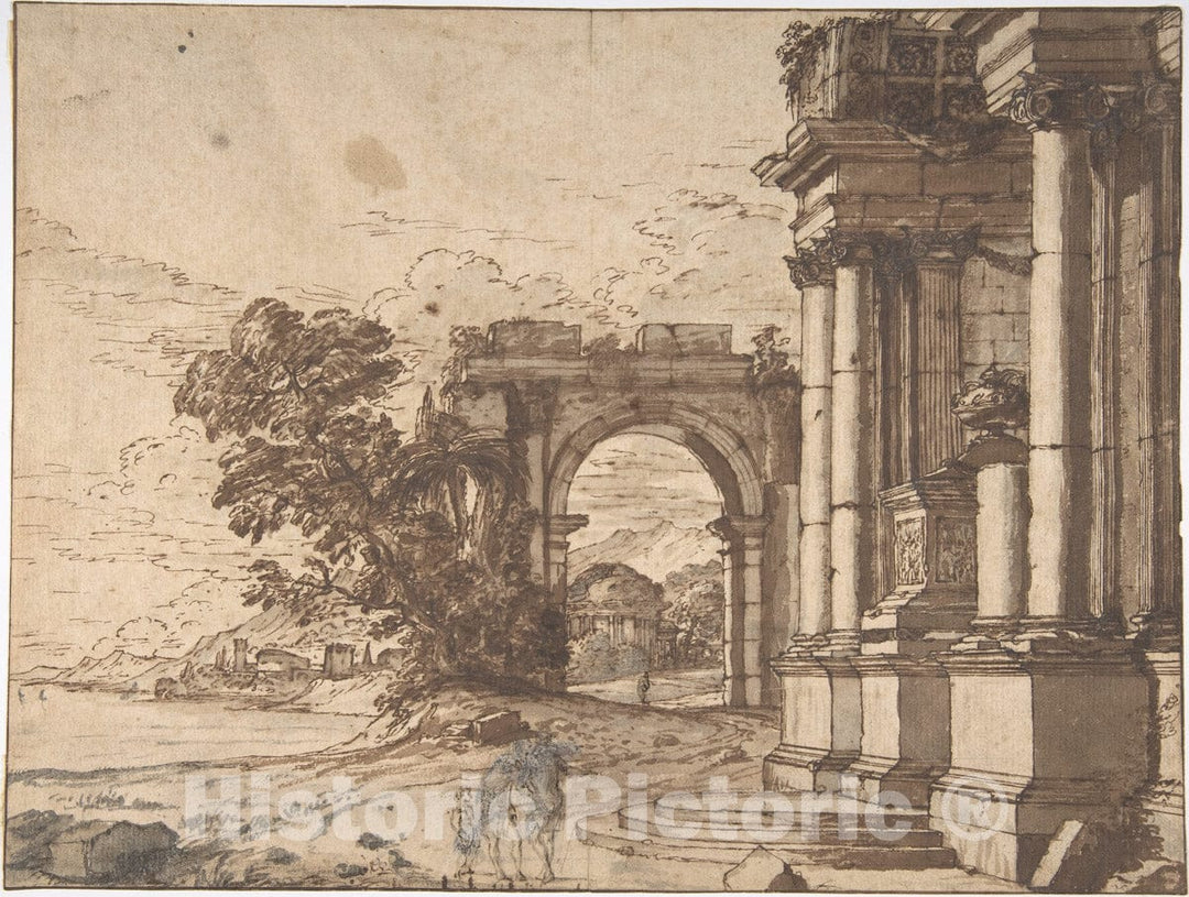 Art Print : French, 17th Century - Landscape with Classical Architecture by a Lake : Vintage Wall Art
