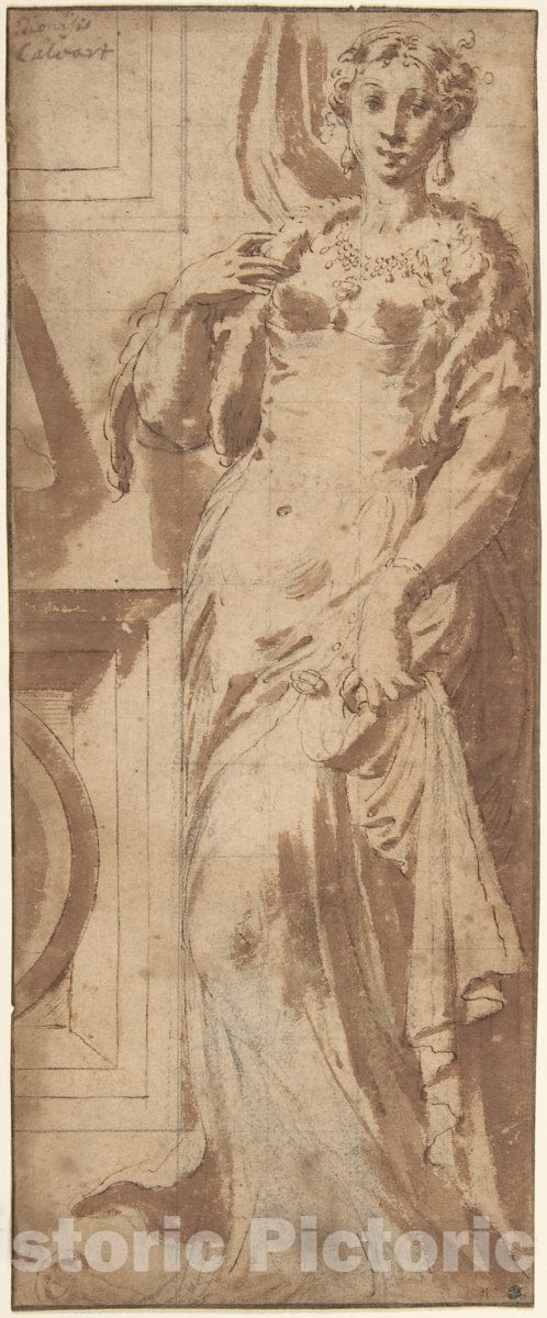 Art Print : Girolamo Mazzola Bedoli - Standing Female Figure and Ornamental Framework. : Vintage Wall Art