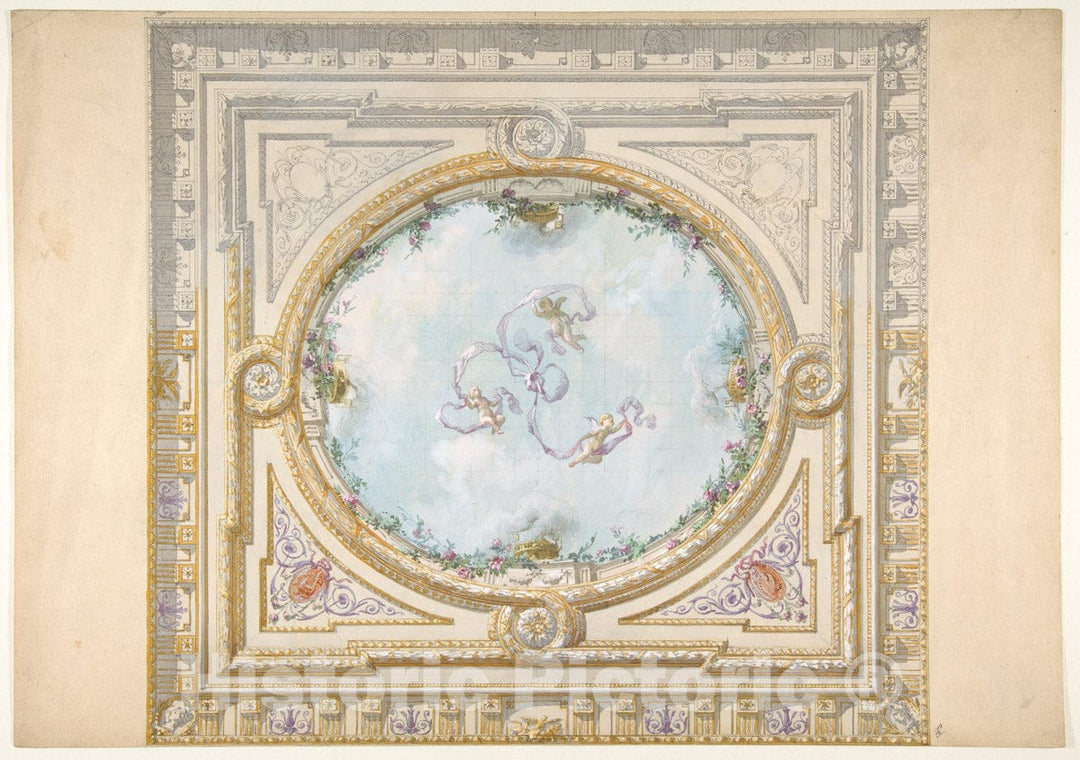 Art Print : Jules-Edmond-Charles Lachaise - Design for a Ceiling in Rococo Style with a Trompe L'Oeil Oculus : Vintage Wall Art