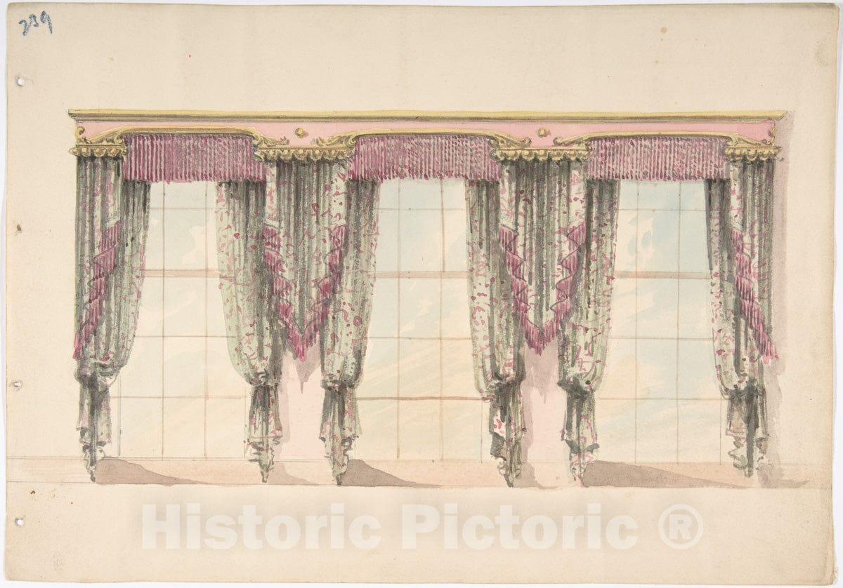 Art Print : British, 19th Century - Design for Gray and Pink Curtains with Pink Fringes and a Pink and Gold Pediment : Vintage Wall Art