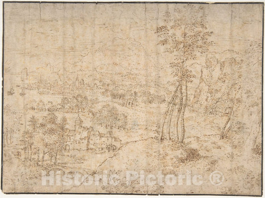 Art Print : Matthijs Cock - Landscape with a Town by The Seashore and Mountains in The Distance : Vintage Wall Art