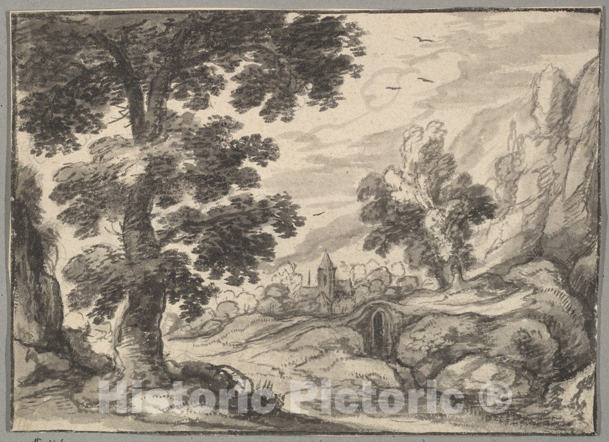 Art Print : Flemish, 17th Century - Landscape with a Bridge and a Village Church : Vintage Wall Art