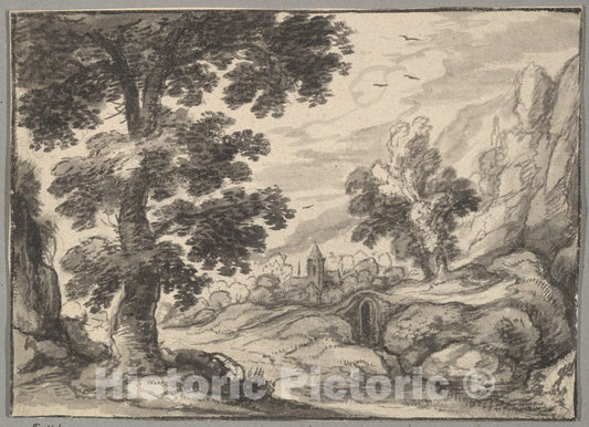 Art Print : Flemish, 17th Century - Landscape with a Bridge and a Village Church : Vintage Wall Art