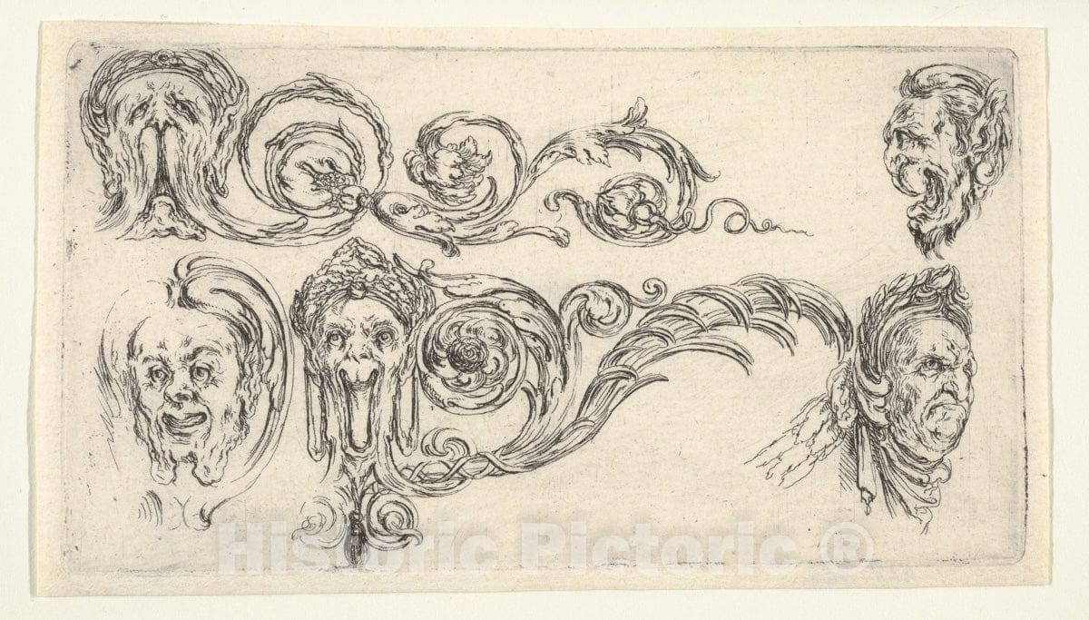 Art Print : Stefano Della Bella - Plate 4: Five Grotesque Heads, from 'Friezes, Foliage, and grotesques' (Frises, feuillages et grotesques) v.2 : Vintage Wall Art