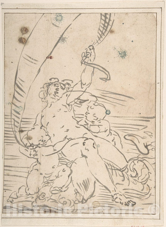 Art Print : After Luca Cambiaso - Arion and Two Cupids on a Dolphin : Vintage Wall Art