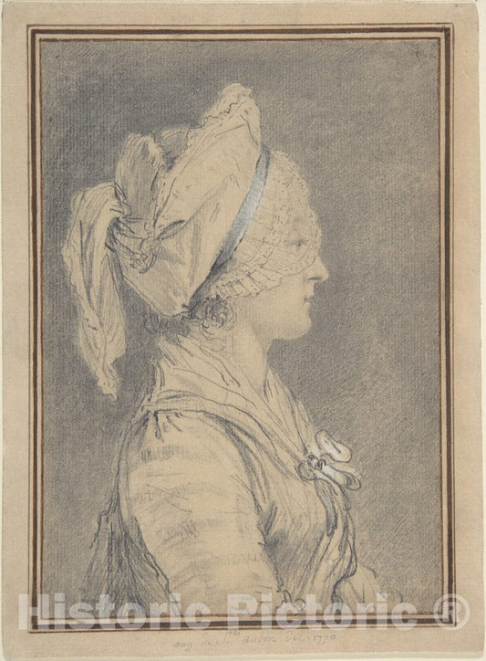 Art Print : Augustin de Saint-Aubin - Half Figure of a Woman Wearing a Cap, in Profile to Right : Vintage Wall Art