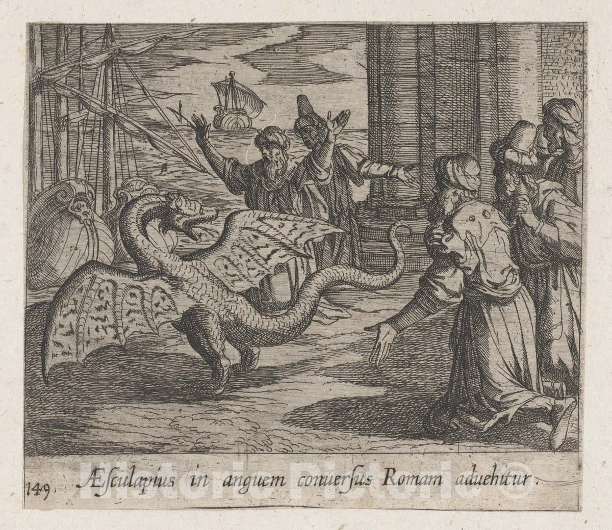 Art Print : Antonio Tempesta - Plate 149: Aesculapius as a Serpent, Among The Romans (Aesculapius in anguem conversus Roman advehitur), from Ovid's 'Metamorphoses' : Vintage Wall Art