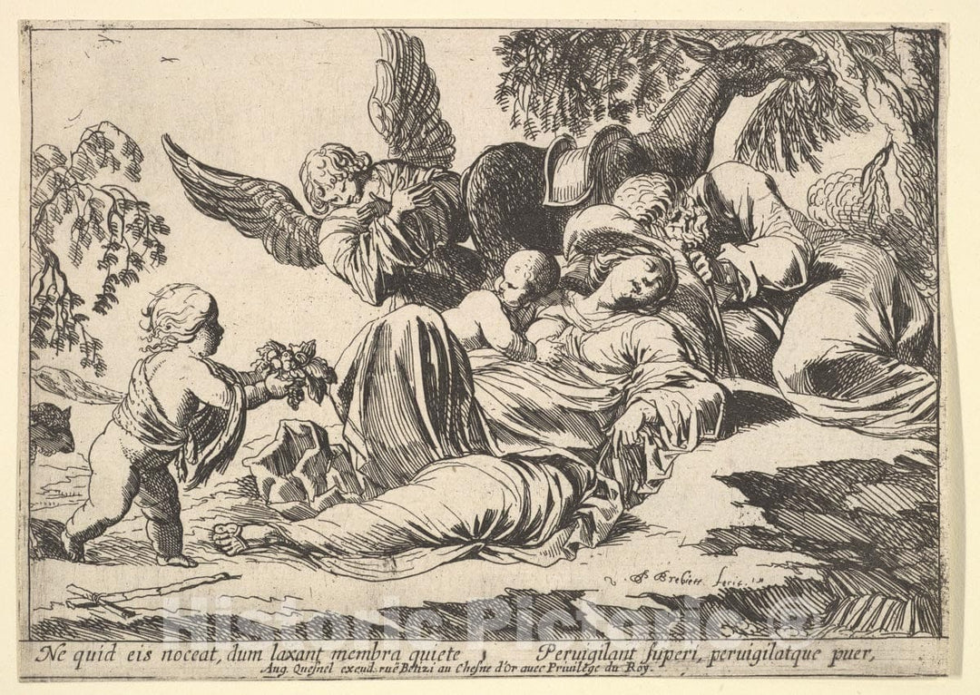 Art Print : Pierre Brebiette - Angels Giving Fruit to The Sleeping Holy Family : Vintage Wall Art